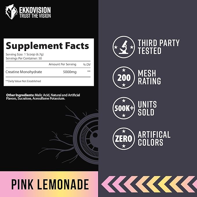 Ekkovision Creatine Monohydrate Powder, Micronized, Pink Lemonade, Pre Workout & Post Workout Supplement for Men and Women, Energy Support, Easy to Mix in Shakes, Smoothies & Beverages, 50 Servings