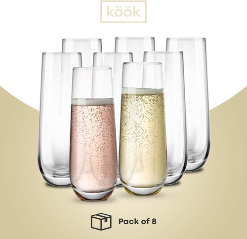 KooK Champagne Flutes - Set of 8 Stemless Glasses | 9.4oz Rose Prosecco Glasses for Weddings & Parties