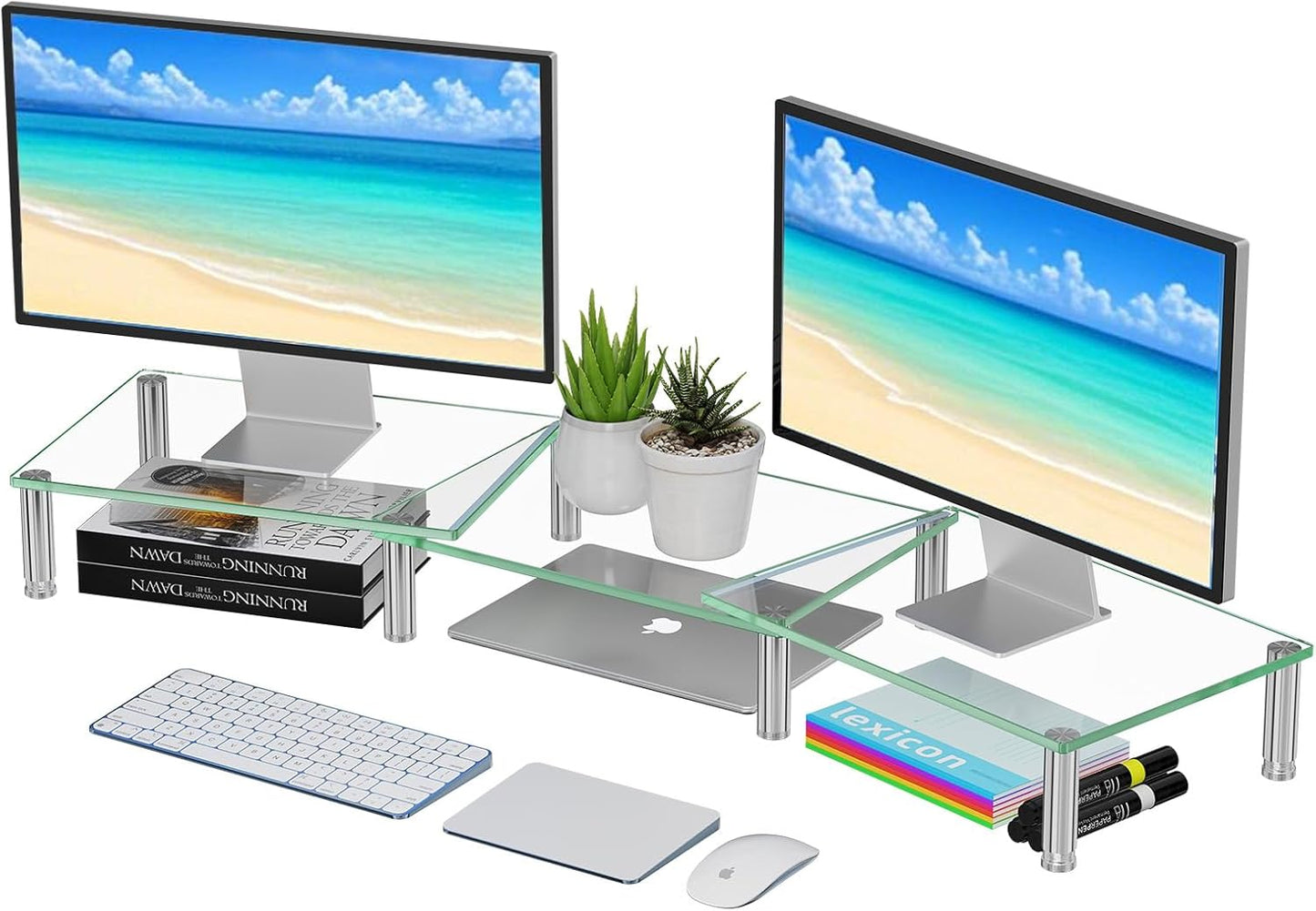 2 Simple Trending Dual Monitor Stand Riser, Computer Office Desktop Organizer for Monitors with Tempered Glass