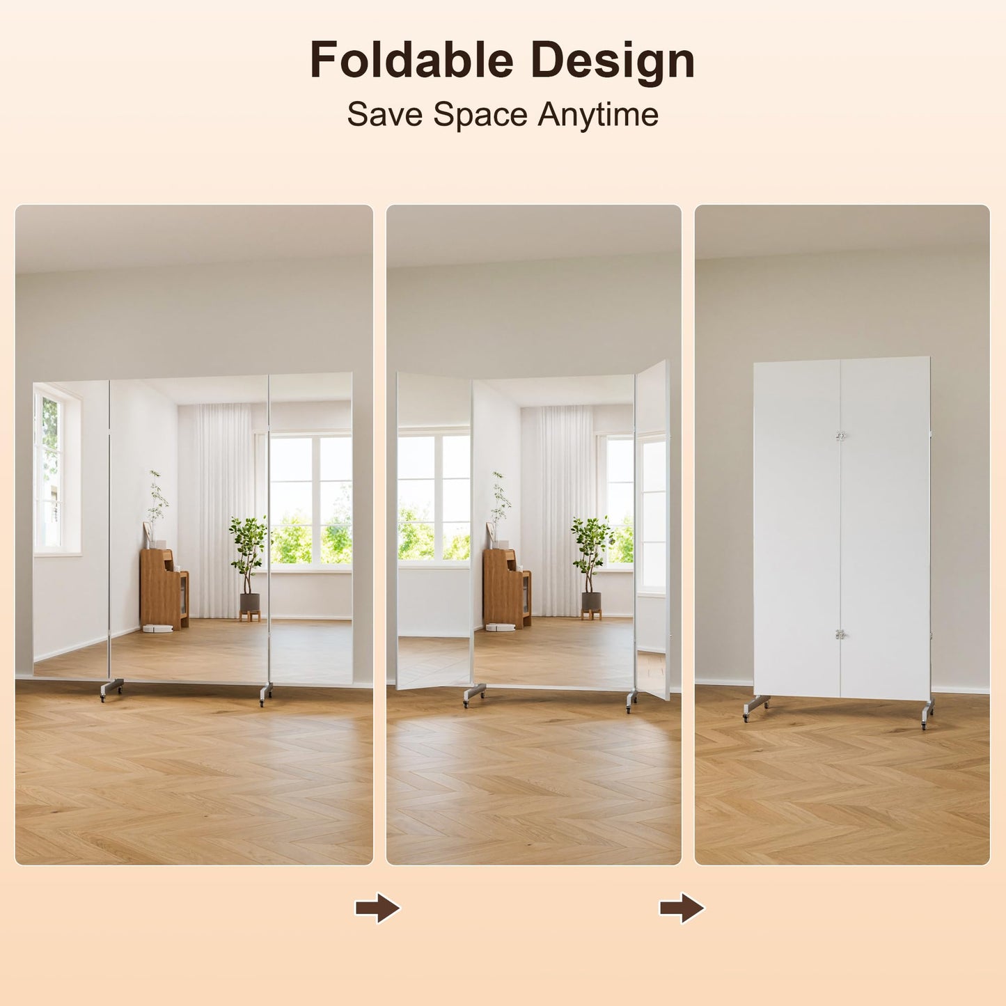 brisafe 71"x67" Folding Mirror with Wheels, 3-Panel Full Length Wall Mirror, Space-Saving Design, Shatterproof Nano Material, Portable Floor Mirror for Gym, Dance Studio, Home, Commercial Use, Silver