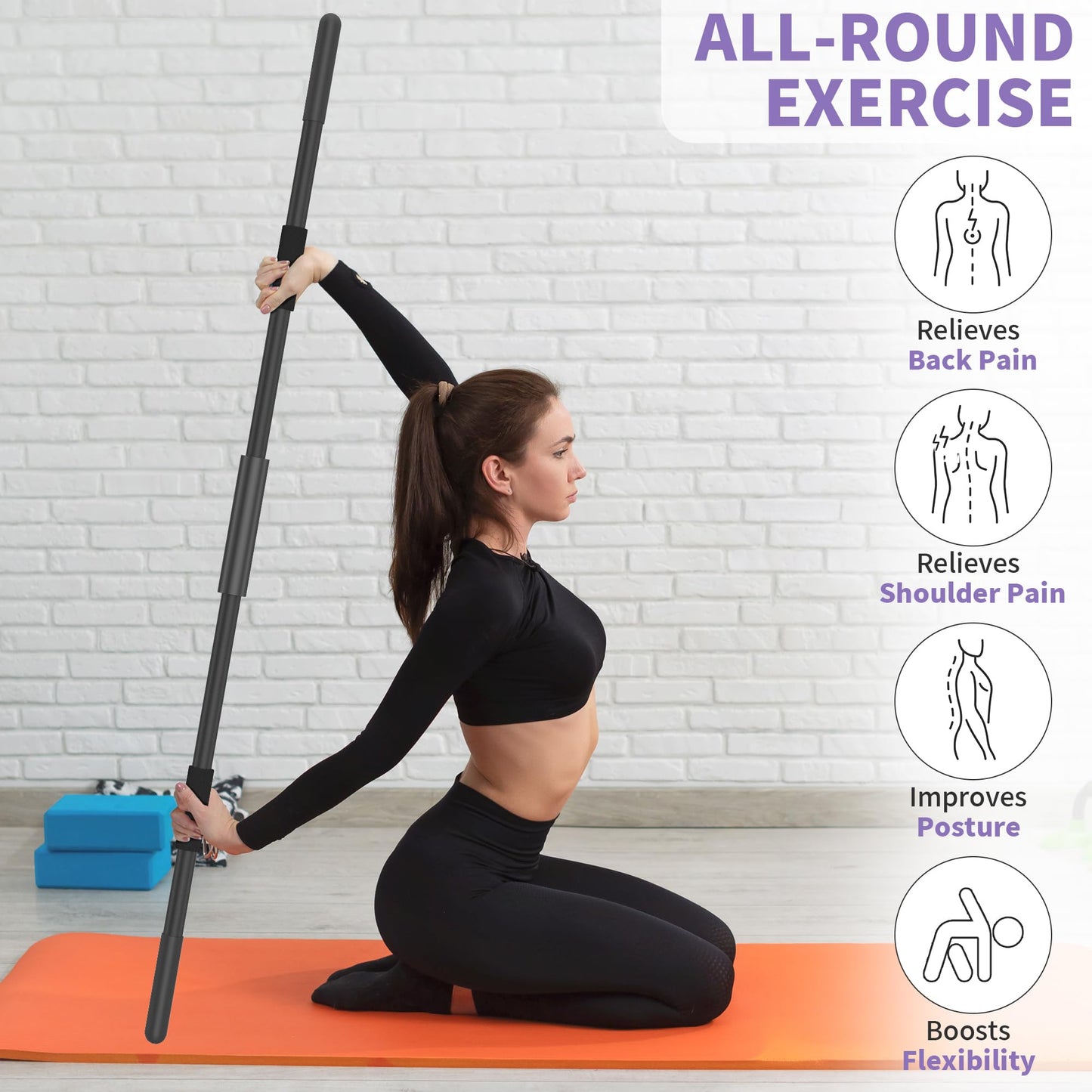 Scisum Yoga Stick 58 Inch Sturdy Alloy Steel - Adjustable Stick for Exercise, Stretching, Balance - Versatile Exercise Stick with Non-Slip Ends, Neck Cushion and Adjustable Grip Cushions
