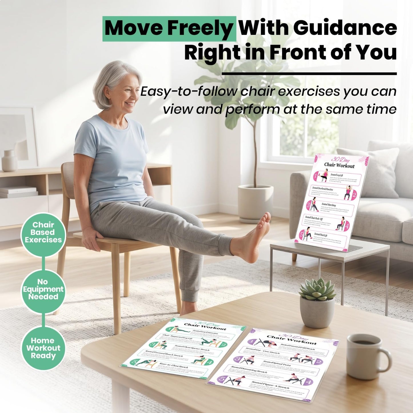 Chair Yoga Poster for Seniors & Beginners - Set of 6 Laminated Workout Posters - Gentle Seated Exercises for Stiffness, Joint Pain & Stress Relief - Easy to Follow 30-Day Challanges Home Workout Guide