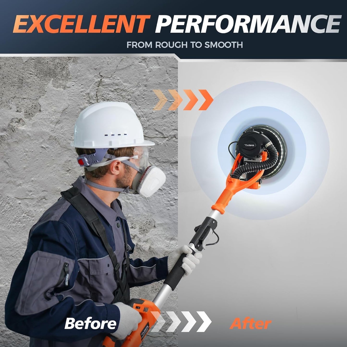 Drywall Sander with Vacuum Dust Collector, 1050W 7.33A Popcorn Ceiling Removal Tool, LED Light, 5 Variable Speed 1000-2100RPM, Foldable & Extendable Handle, 12 Sanding Discs