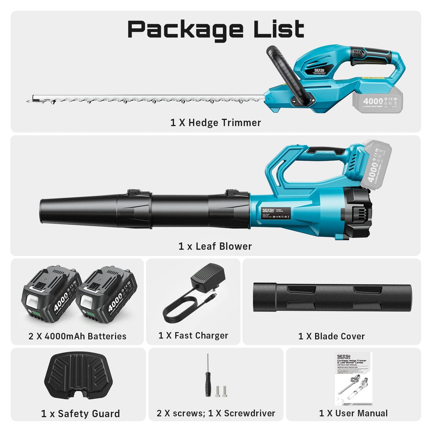 SEESII Cordless Hedge Trimmer and Leaf Blower Combo, 2 Pcs 4.0Ah Batteries, Electric Handheld Bush Trimmer with 20" Dual-Action Blade, Lightweight Brushless Blower with 2 Speed Modes for Yard Garden
