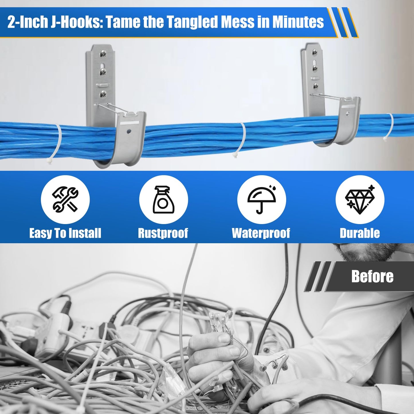 Podoy 2 Inch J Hooks for Cabling 100 Pack Cable Support Management Hook with Retainer Clips, Rust-Resistant Wall/Ceiling-Mount J Hooks for Hanging Data Center, Conduit & Network (Indoor/Outdoor)
