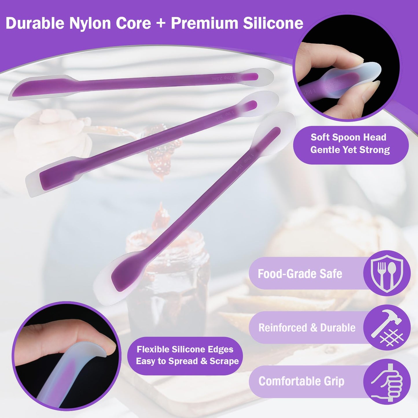 Silicone Dual-Ended Spatula Spoon Set of 3 – Long Handle Jar Scraper & Measuring Spoon with Scale (1 Tbsp, 1 Tsp, 1/2 Tsp) – for Jam, Baking, Cooking, Peanut Butter (purple)