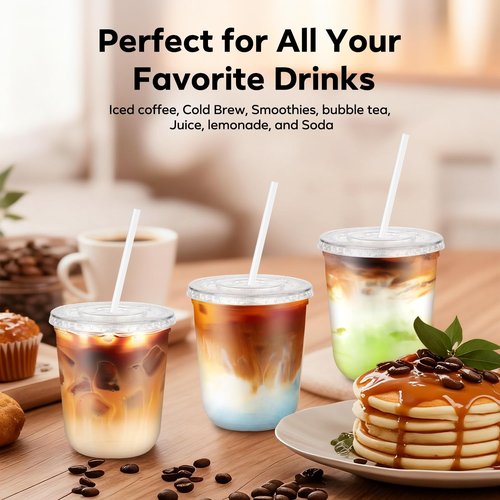 100PCS 12 oz Disposable Plastic Cups with Flat Lids and Clear Straws, Round Bottom To Go Iced Coffee Cups, Small Sturdy Drink Cups for Soda, Smoothies, Cold Beverage, Juice Bars, Takeout, Office