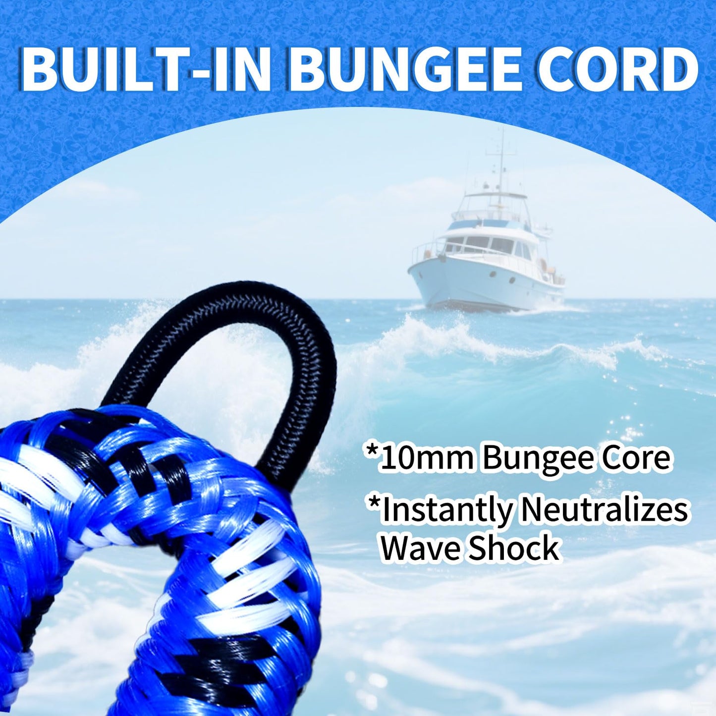 ZRSCHYG Bungee Dock Lines for Boats 2FT, Boat Tie Downs for Dock with Hooks, Elastic Dock Ties for Small Boat Jet Ski Kayak Mooring (2 Foot, 2-Pack, Blue,Black&White)