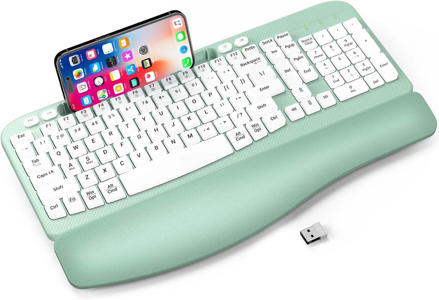 EAYBLLY 2.4GHz Ergonomic Wireless Keyboard with Cushioned Wrist Rest, Wave Keys, Phone Holder, Comfortable Natural