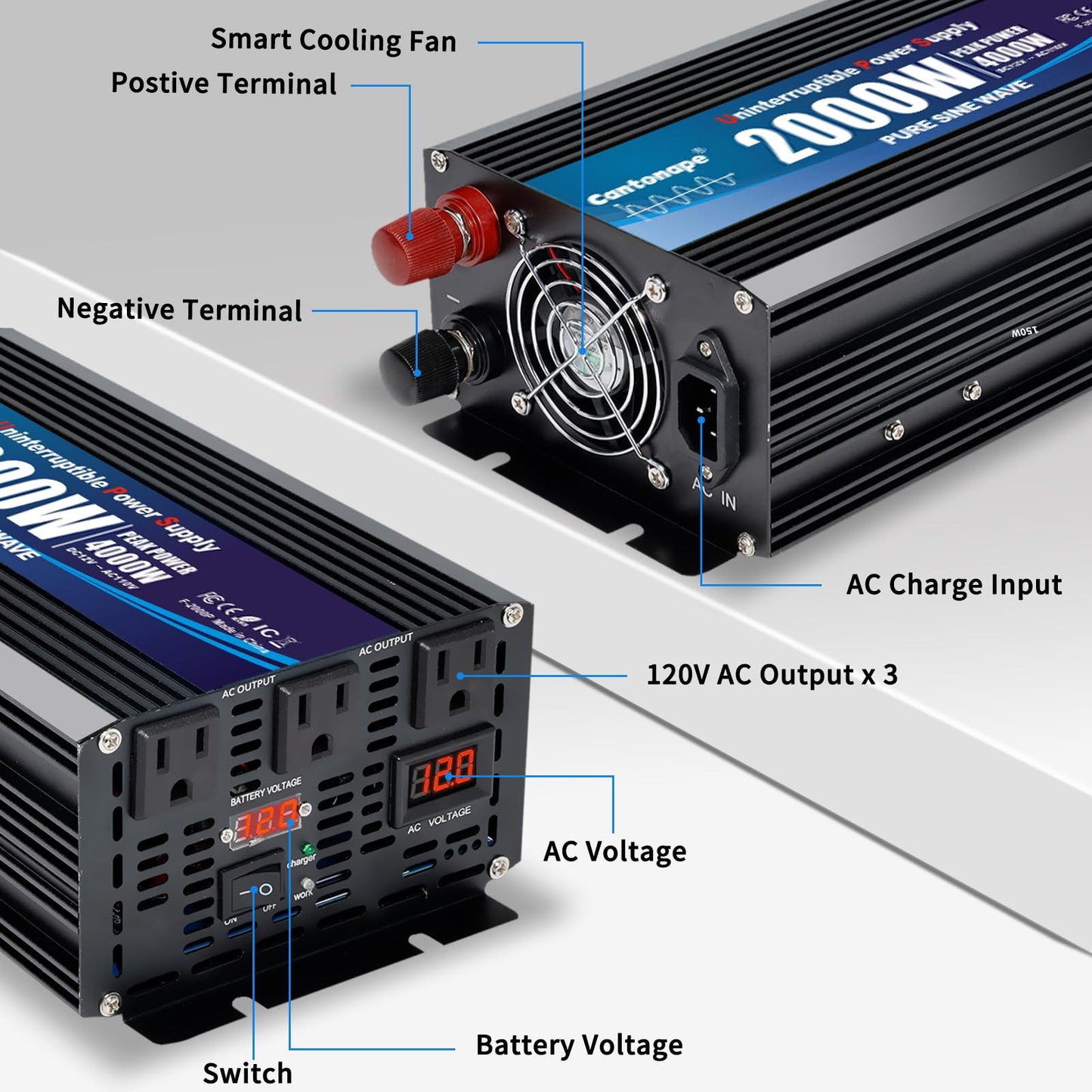 Cantonape 2000W Sump Pump Backup Battery System, Automatic Switching to Battery Inverter Power, Professional Backup System in Case of Power Failure, Pure Sine Wave Output