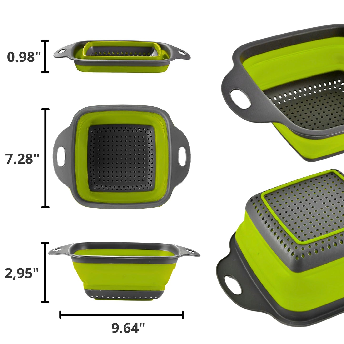 Square Collapsible Colander with Handles – Green Square Silicone Kitchen Strainers with Plastic Handles Foldable Kitchen Strainer Perfect for Draining Pasta Vegetable and Fruit Green