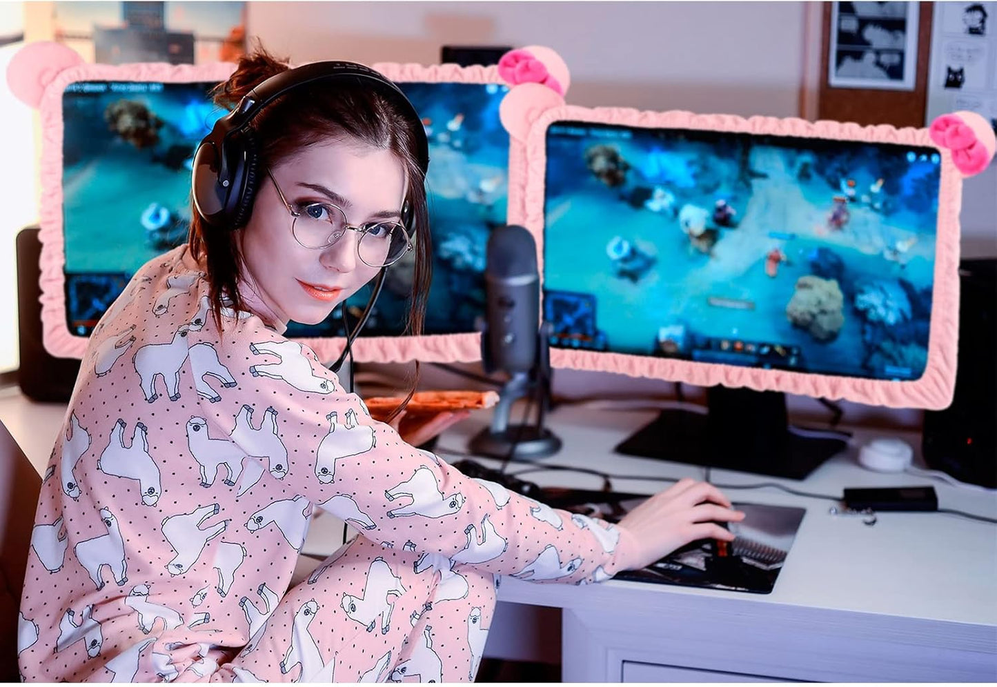 2 20''-29'' Remagr Pcs Kawaii Computer Monitor Cover with Cat Ear Design, Furry Cute Pink Monitor Dust Cover Protector