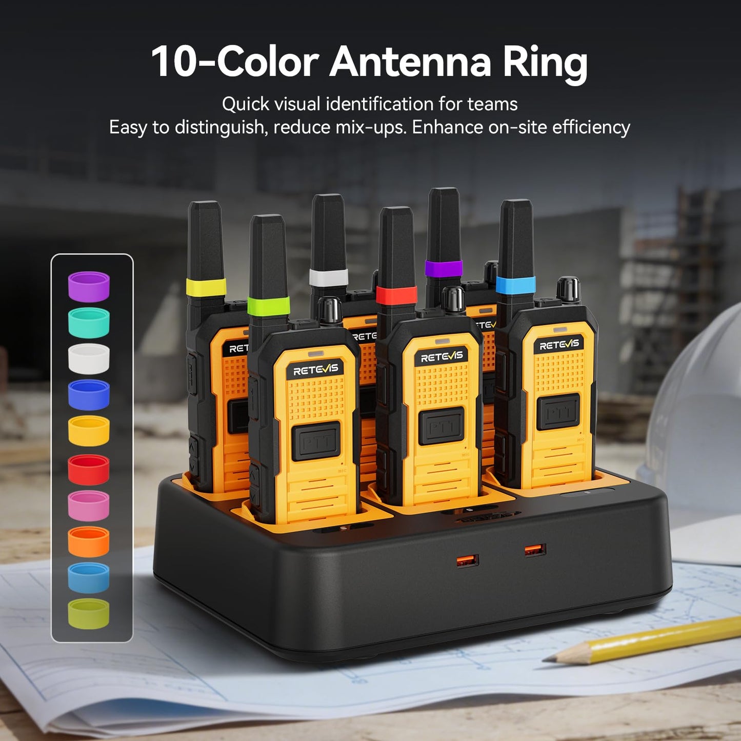 Retevis RB48A Industrial Waterproof Walkie Talkies Long Range, Heavy Duty FRS Two Way Radios Rechargeable, IP67, Large PTT, Noise Reduction, 1000mW Speaker, 23-Hour, with Gang Charger(6 Pack)