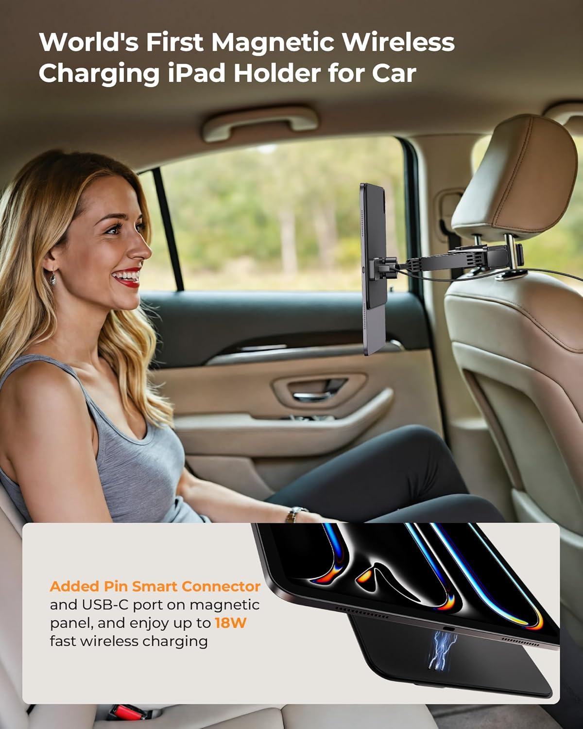 KU XIU 11'' M4 [2024]Only, 2M KUXIU Magnetic Wireless Charging Car Headrest Tablet Holder for iPad Pro Tablet Car Back