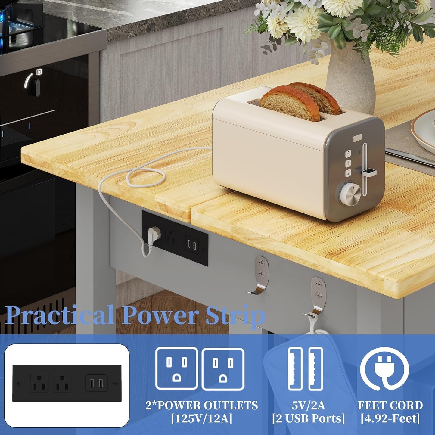 DynJest 47.3" Solid Rubberwood Kitchen Island with Power Outlets - Extra Large Work Surface, 2 Drawers & Open Shelves Storage Cabinet for Kitchen Dining Room, Farmhouse Style (Grey)