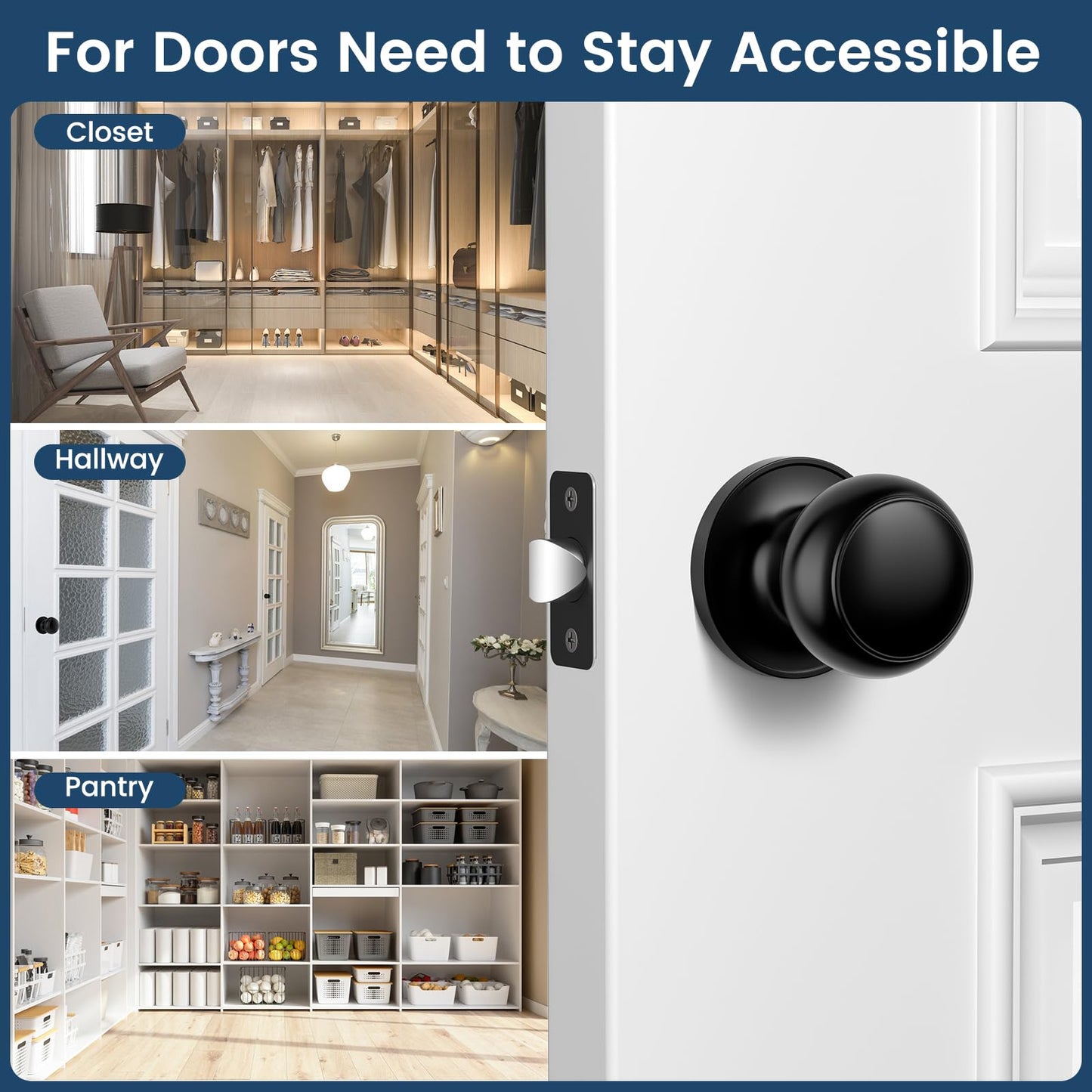 Vesmikit Passage Door Knobs, 5 Pack Matte Black Door Knobs, Hallway Closet Non-Locking Interior Doorknobs, Round Door Handles Keyless Reversible for Left/Right Handed Doors