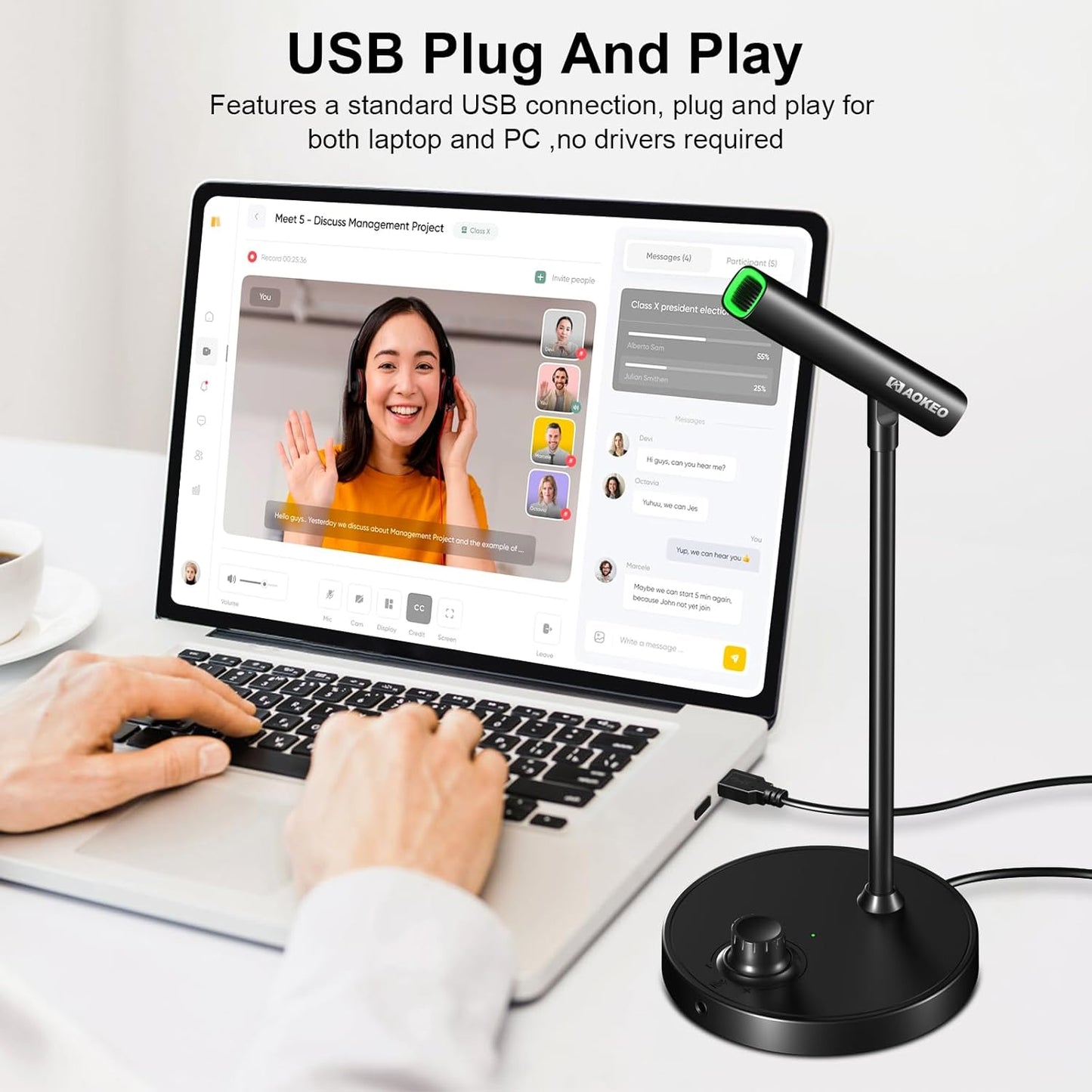 Aokeo USB Desktop Microphone, Computer Microphone for PC with Noise Cancellation & Click to Mute Function