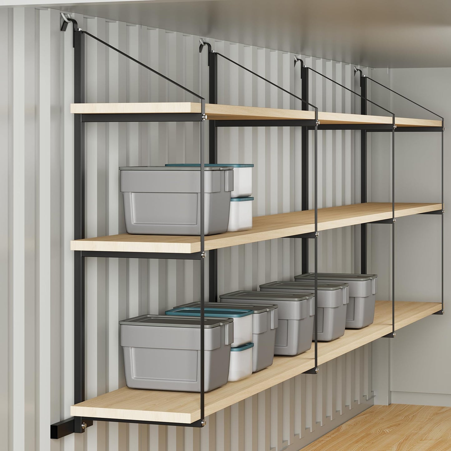 Shipping Container Shelving Bracket (4PCS), 3-Tier Powder Coated Steel Brackets, 1100 LBS Capacity, 22 in D x 60 in H, Quick Hang for Shipping Containers, Cargos, Warehouses & Garages, Heavy-Duty
