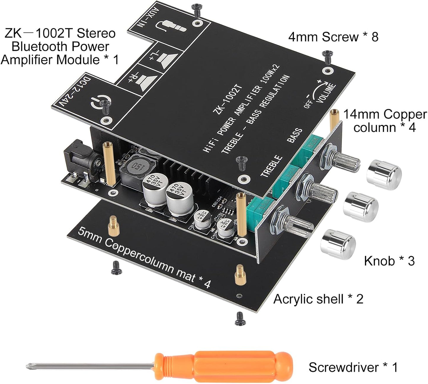 AITRIP 2PCS ZK-1002T 2.0CH 100W*2 9-24V Bluetooth Amplifier Board Mini Audio AMP with Treble and Bass Control, BT