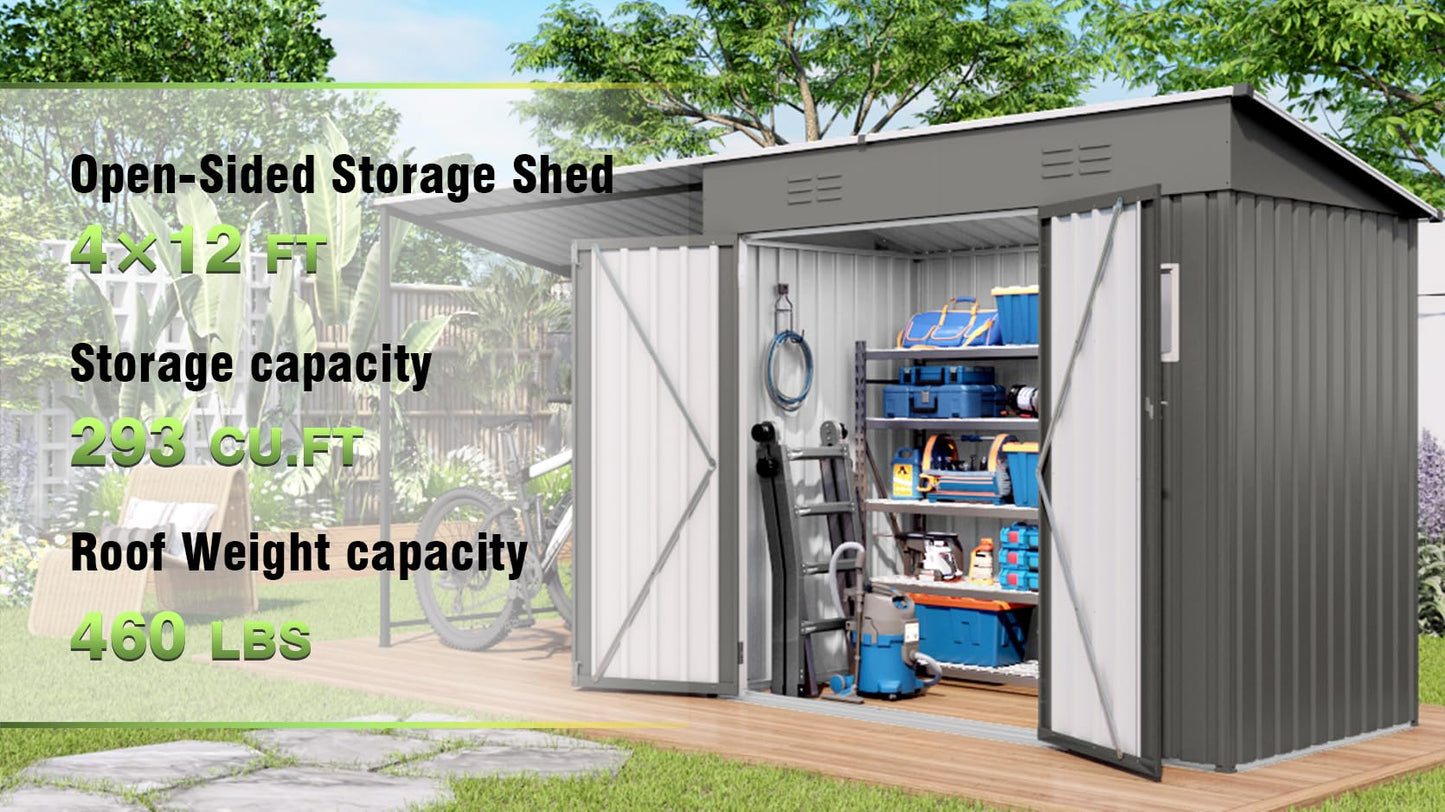 Praxatek 2-in-1 Metal Outdoor Storage Shed with Hardtop Pergola, 4x12 Ft, Gray, Sloped Roof, for Backyard, Patio, Garden