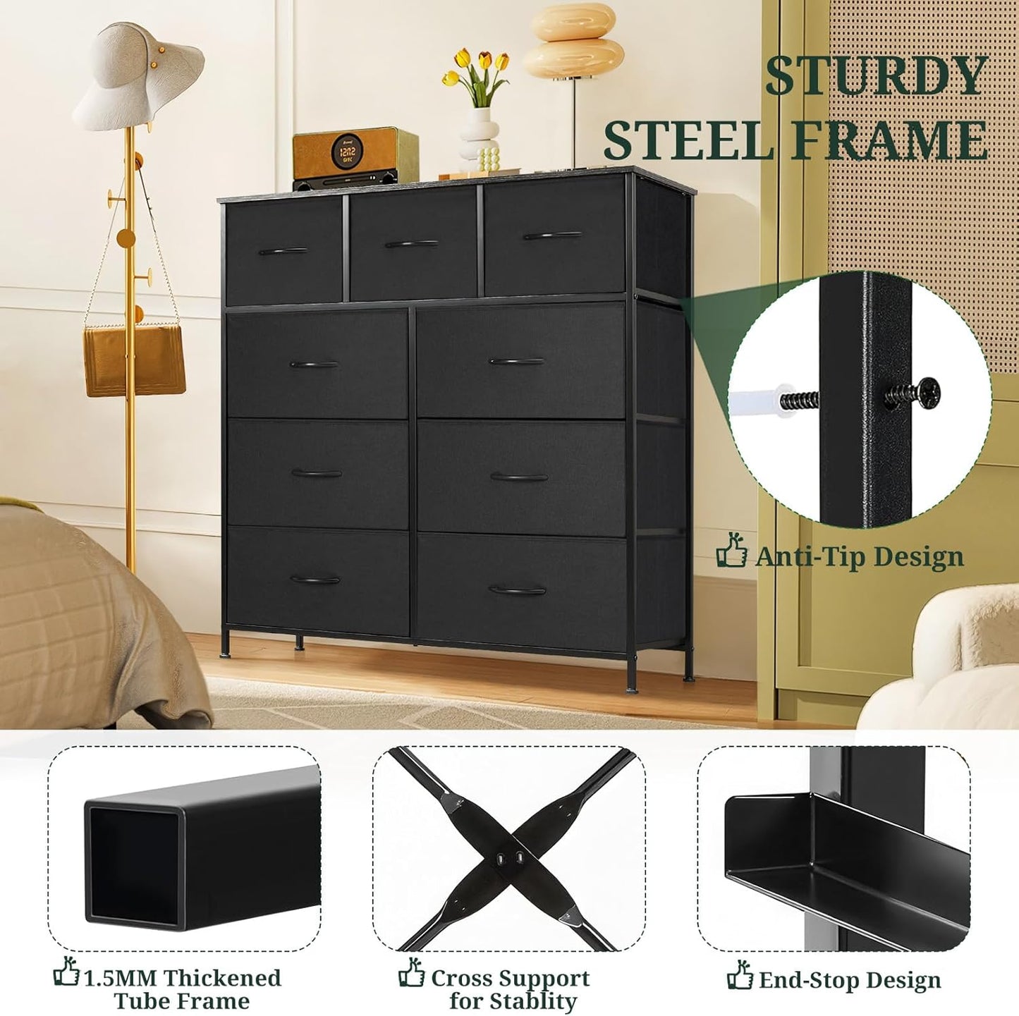 Regine Switzerland 9-Drawer Dresser - Anti-Tip Storage Organizer with Wooden Top & Metal Frame | Black