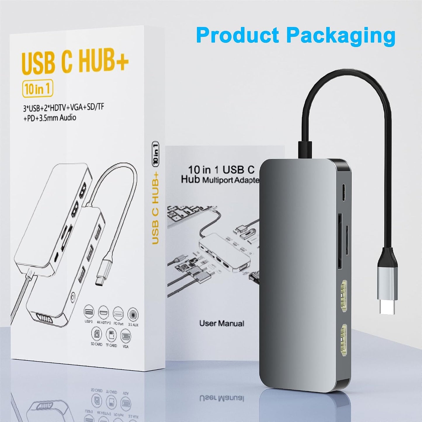 Aibilangose 10 1 HDMI/VGA/PD/USB/SD/TF/3.5mm Docking Station Dual Monitor, USB C to Dual HDMI Adapter, Computer Docking