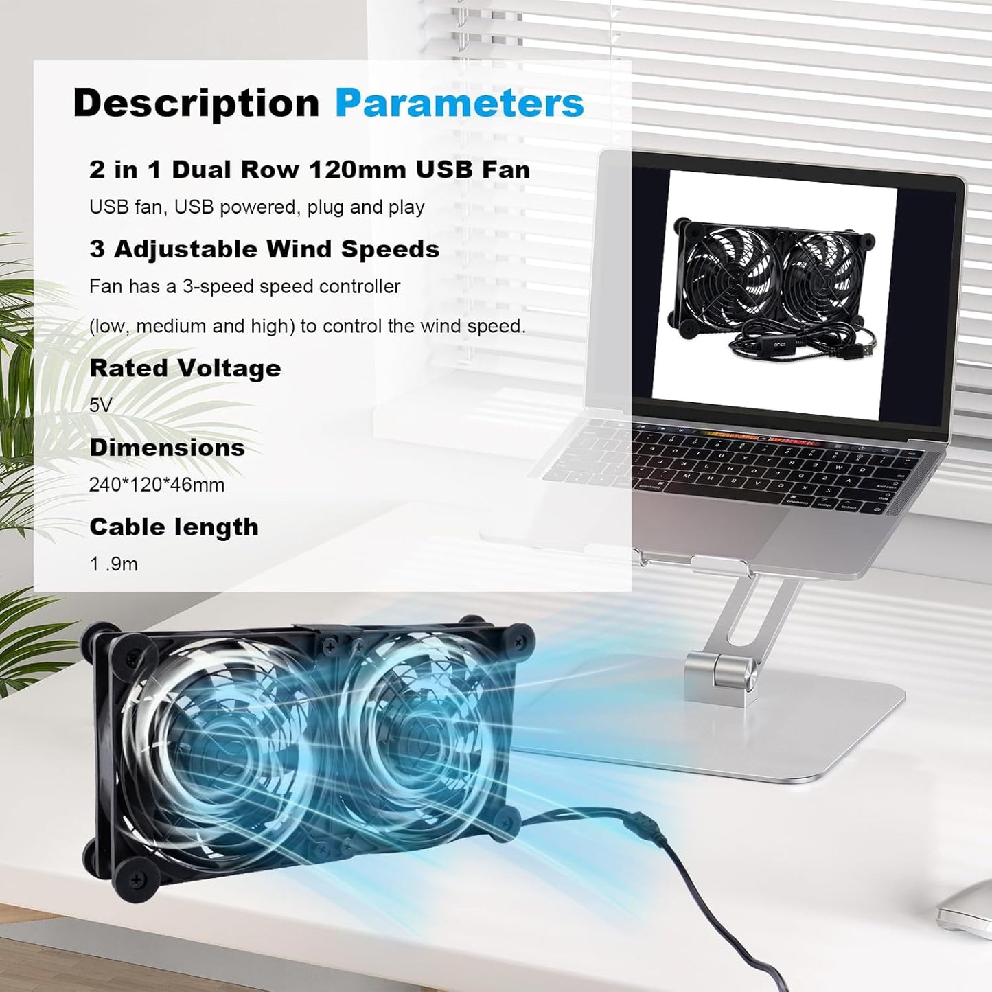 120mm 3-Degree 5V Quiet Dual Router Fan Cooler with L/M/H Speed Controller, DC USB Powered Cooling Case Fan for Router