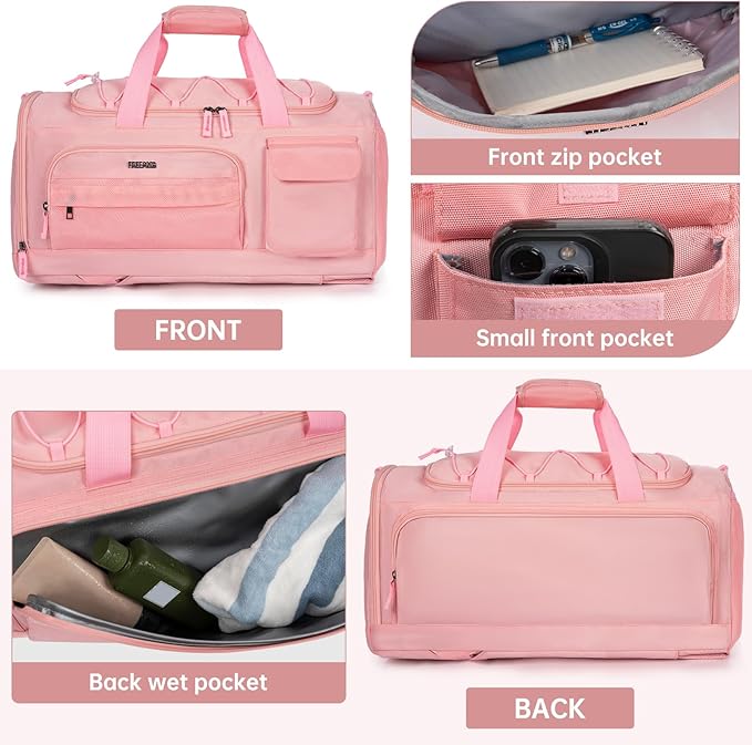 Gym Bag for Women & Men, Sports Travel Duffle Bag with Shoe Compartment, Anti-Theft Carry On Weekender Bag, Water Resistant Overnight Backpack for Airplane, Gym, Travel (Pink)
