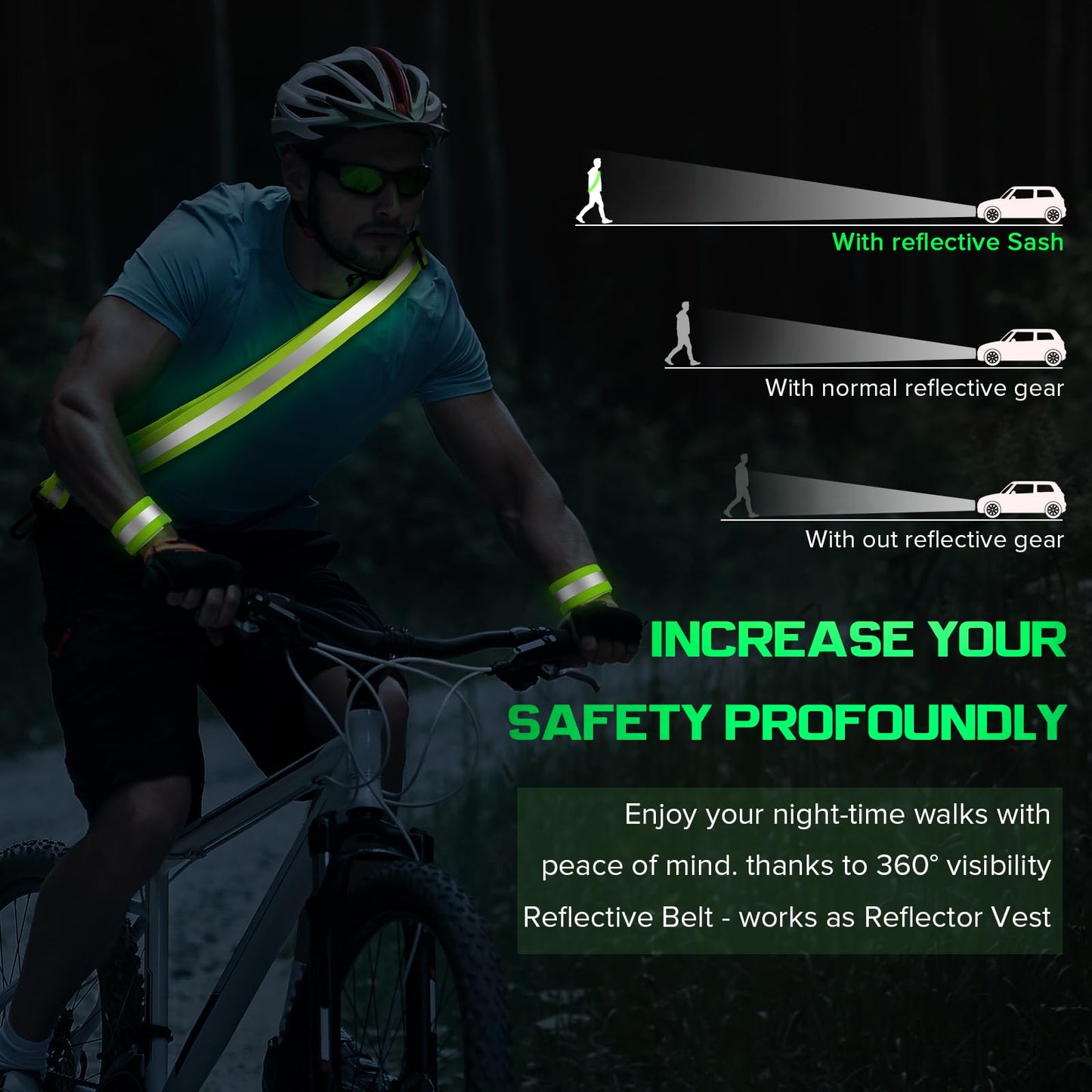 Reflective Sash for Night Walking, High Visibility Running Safety Gear with 2Pcs Reflective Armbands, Adjustable Cross-Body Reflective Belt for Men Women Kids, Essential Gear for Jogging Dog Walking