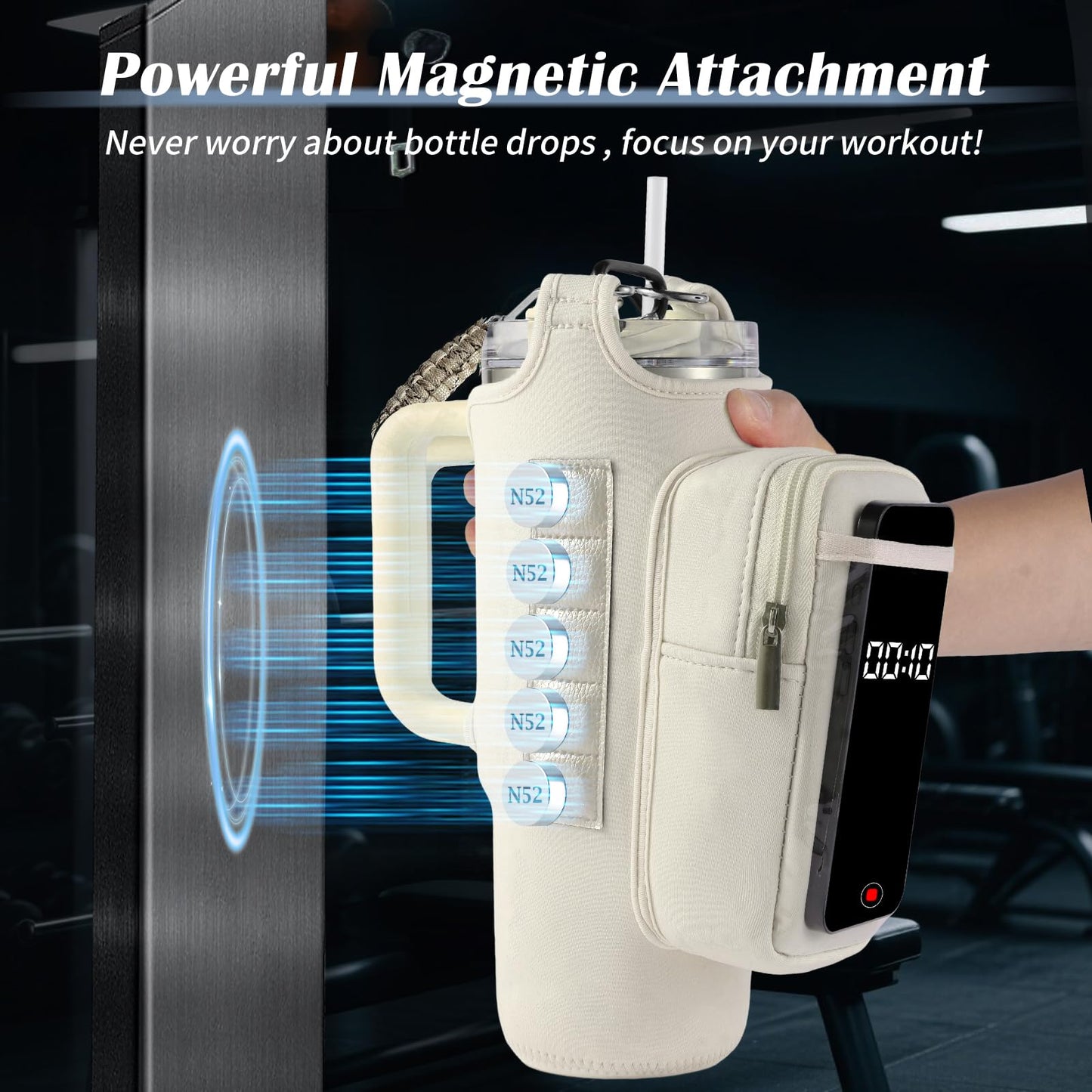 Magnetic Gym Bag for Men Women, Water Bottle Carrier Holder with Strap for Stanley, Small Bag Accessories pouch with N52 (White)