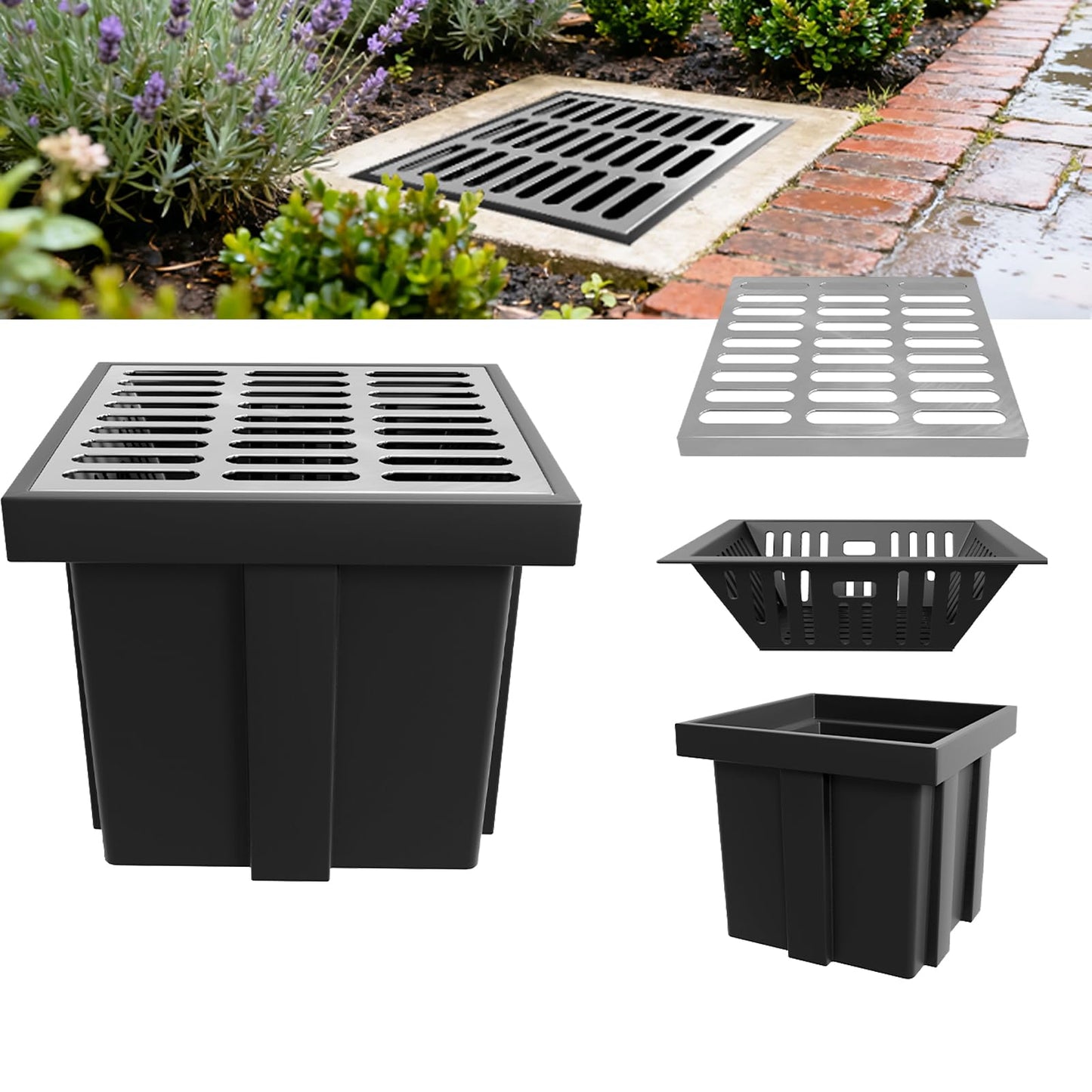 Catch Basin with 304 Stainless Steel Grate, 18x18x15 in Large Drainage Catch with Debris Basket, French Drain Basin Without Reserved Hole for Yard, Downspout, Patio, Municipal Pipeline (1)