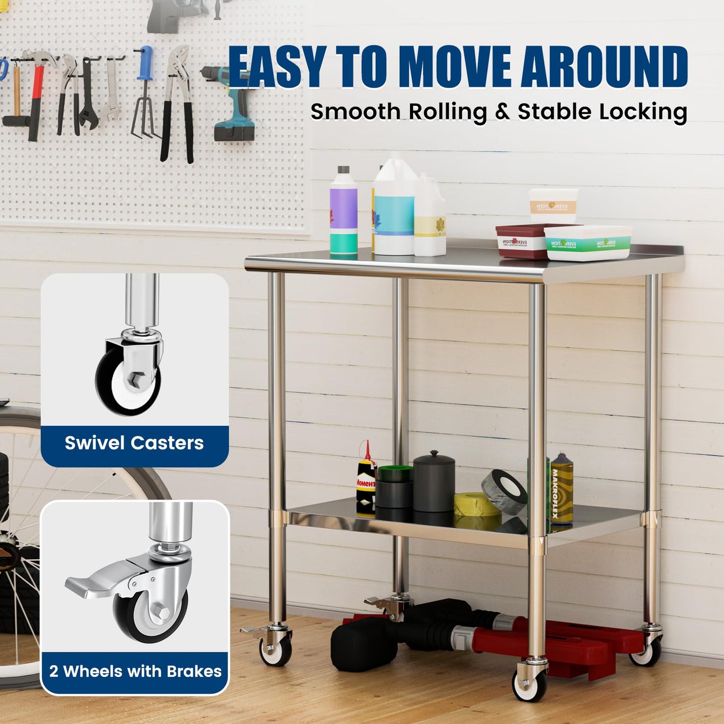 Chingoo Stainless Steel Work Table with Wheels, 24x36 Inch NSF Food Prep Table with Backsplash & Adjustable Undershelves for Commercial Kitchen, Restaurant, Garage