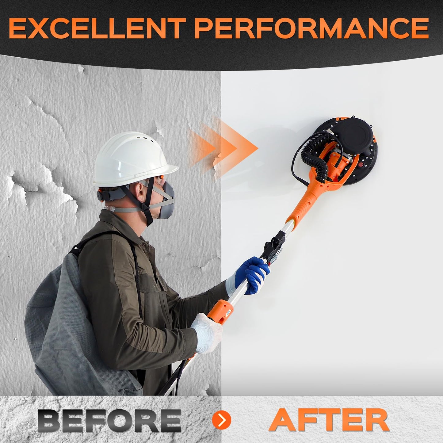 Drywall Sander Tool, KUPERIA 8.5 Amp Popcorn Ceiling Removal Tool with 7 Variable Speed 800-1800RPM,Electric Drywall Sander with Extendable Handle,LED Light,6 Basic Sand Paper& 6 Grid Sandpaper,Orange