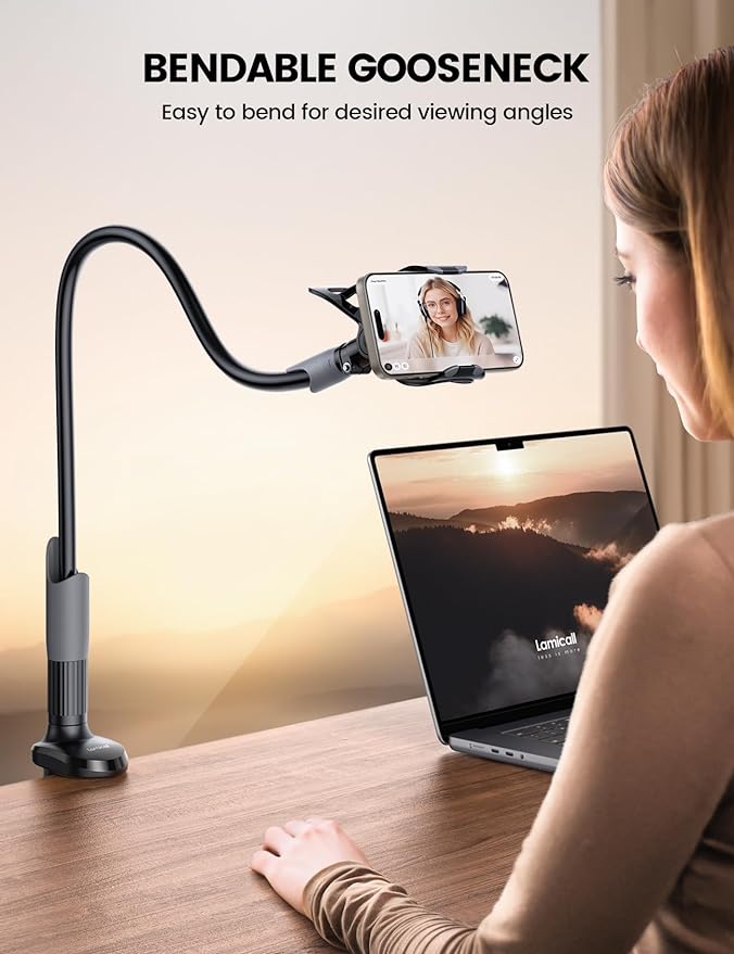 Lamicall Gooseneck Phone Holder for Bed - Cell Phone Mount Clamp Clip, Flexible Long Arm, Overhead Mount for Desk Headboard Bedside, Gifts for iPhone Air 17 Pro Max, 16 15 14 Pro Max and 4-7" Phone