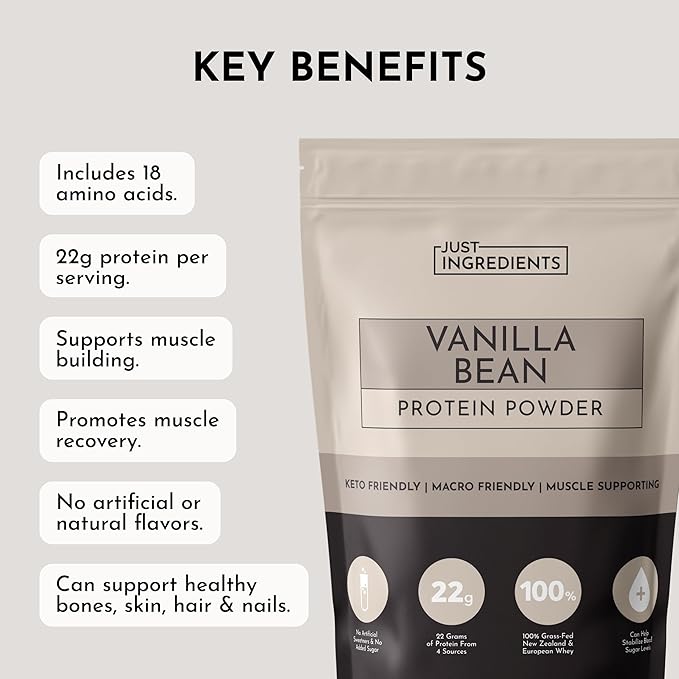 JUST INGREDIENTS Vanilla Bean Protein Powder ??20-Serving Blend with 100% Grass-Fed Whey & Organic Plant Proteins ??Real Vanilla Bean & Cinnamon ??Supports Muscle Recovery, Energy*