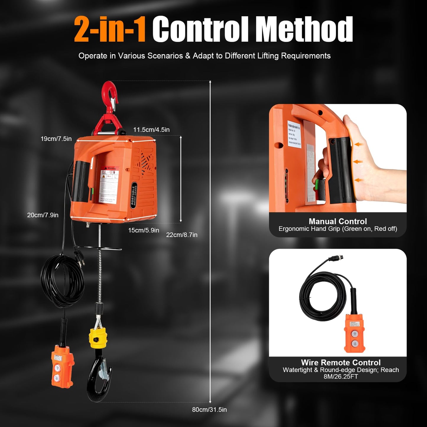 NOLANTISI 3 in 1 Electric Hoist Winch - 2200LBS 38FT 110V Manual, Wired and Wireless Remote Control for Factories, Warehouses, Garages, Etc