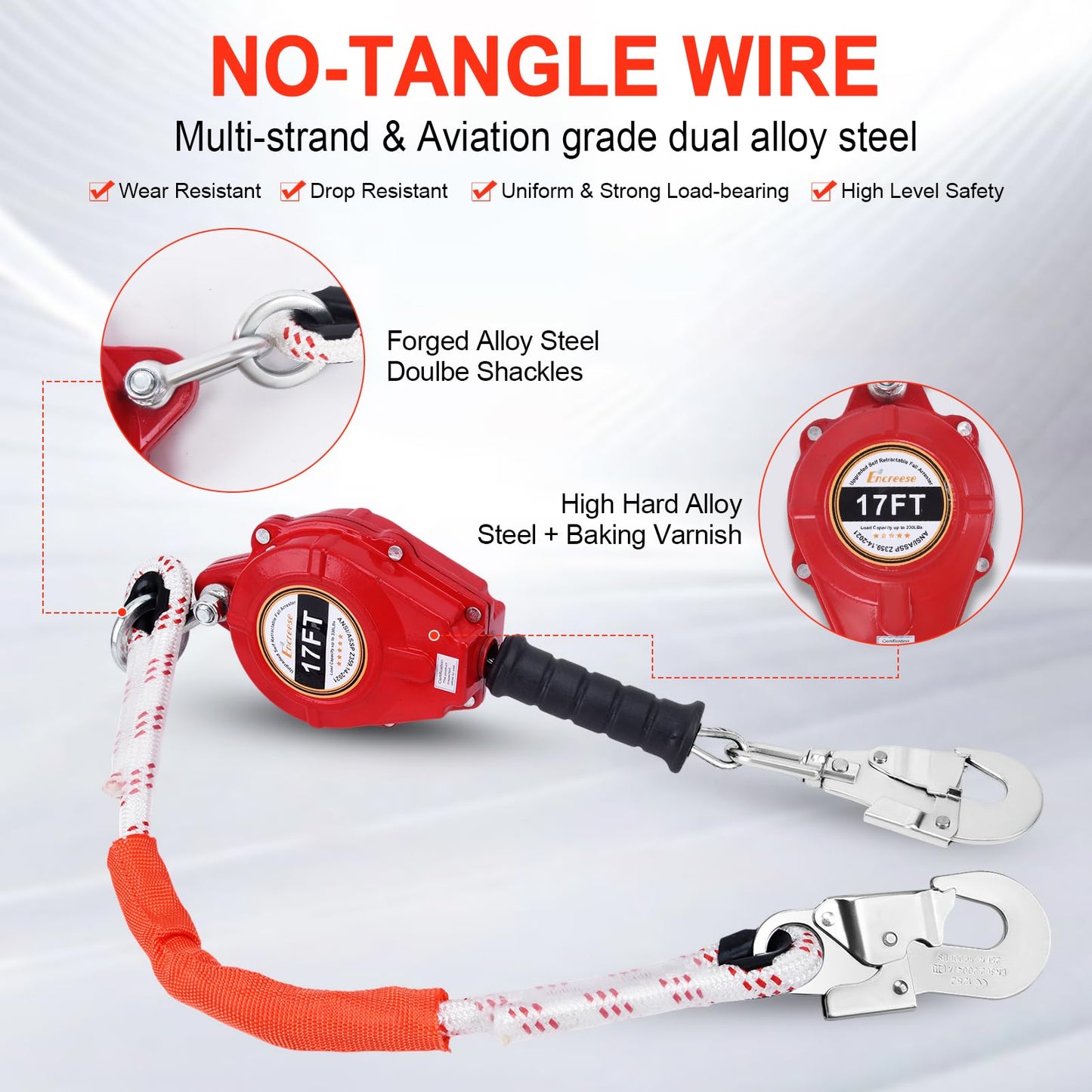 Self Retractable Lifeline Fall Protection Lanyard 50FT UPGRADED Arrester Safety Rope Double Locking Falling Protector Gear, Alloy Steel Roofing Harness Heavy Duty Dynamic Rotation Hook Cable Wire