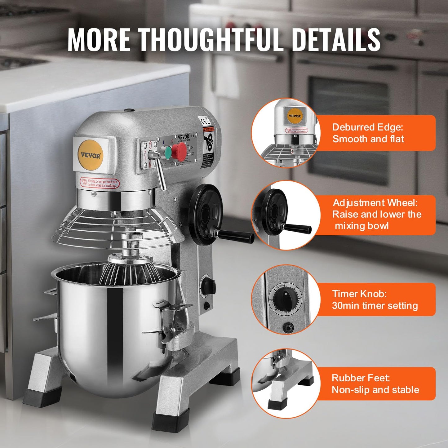 VEVOR Commercial Mixer, Commercial Food Mixer 10Qt Stainless Steel Bowl, 450W Commercial Stand Mixer with 3 Speeds Adjustable, Dough Hook Whisk Beater Included, Perfect for Bakery Pizzeria, Silver