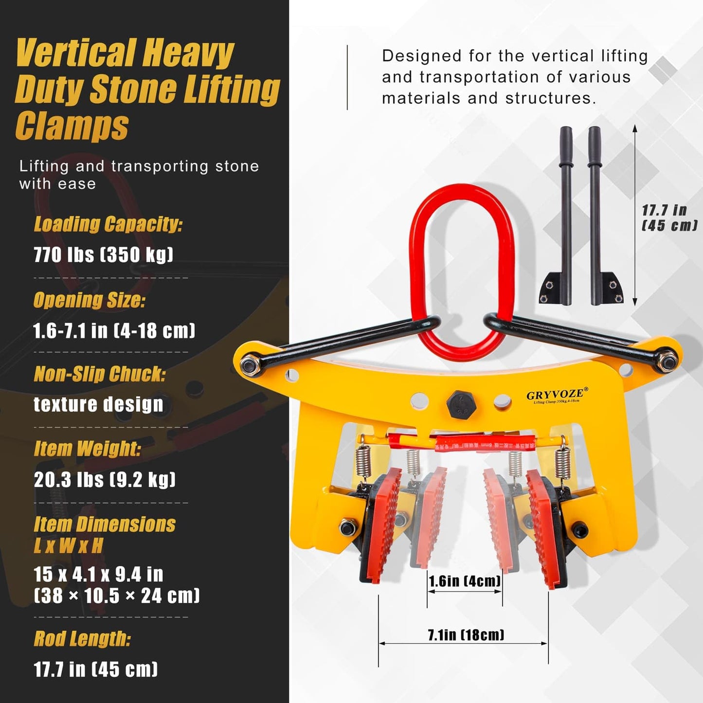 GRYVOZE 770 lbs 2 in 1 Granite Slab Lifting Clamp, 1.6"-7.1" X Shaped Heavy Duty Stone Lifter Equipment with Handle, Marble Carrying Clamps Tongs, also Suitable for Concrete and Curbstones
