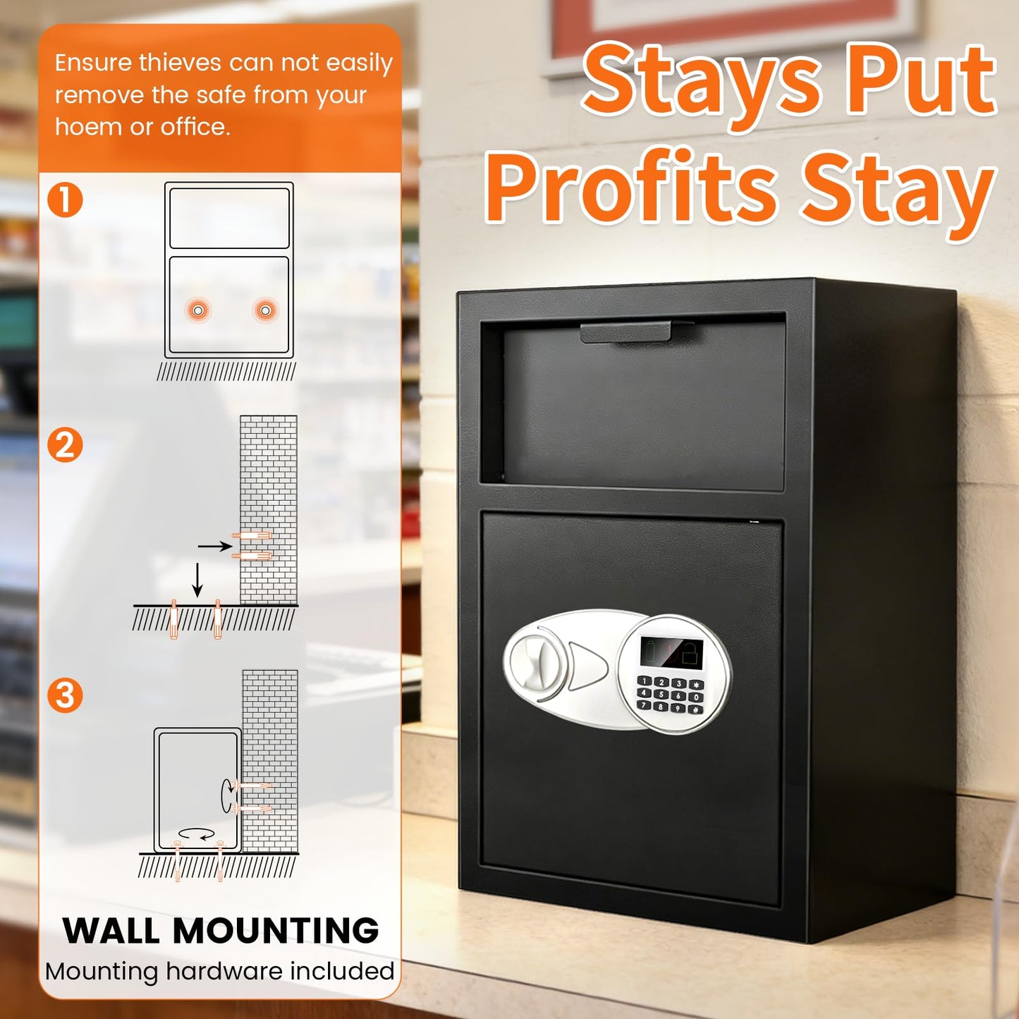 2.8 Cuft Depository Safe with Drop Slot, Anti-Theft Cash Drop Safe with Digital Keypad, Heavy Duty Drop Slot Safes with LCD Display, Drop Commercial Safe for Business Mail Church