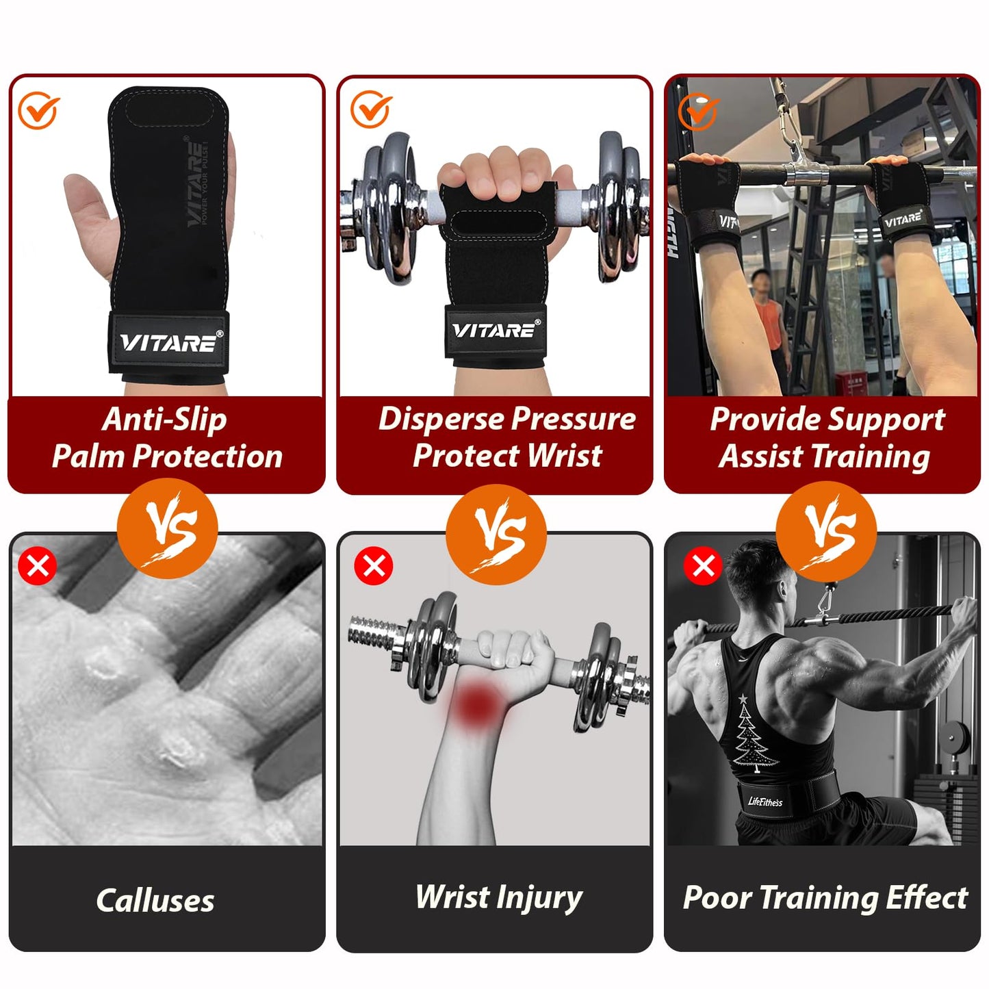 Weight Lifting Straps, Triple Leather Weightlifting Gym Wrist Straps, Gym Grips for Deadlifts, Pull-Ups, Powerlifting, Anti-Slip Gloves with Thickened Padding, Fitness Gifts for Men & Women - Pair