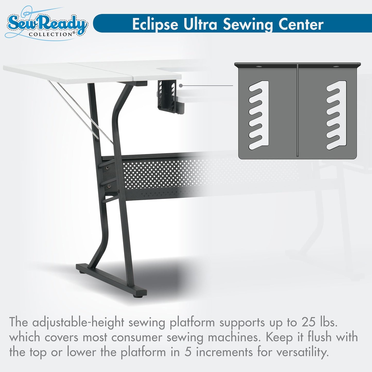 Sew Ready Eclipse Hobby Sewing Table, 60.25 x 23.75" Overall Platform Size with Large Lower Storage Drawer, 2 Side Shelves & Cloth Drawer, Black/White