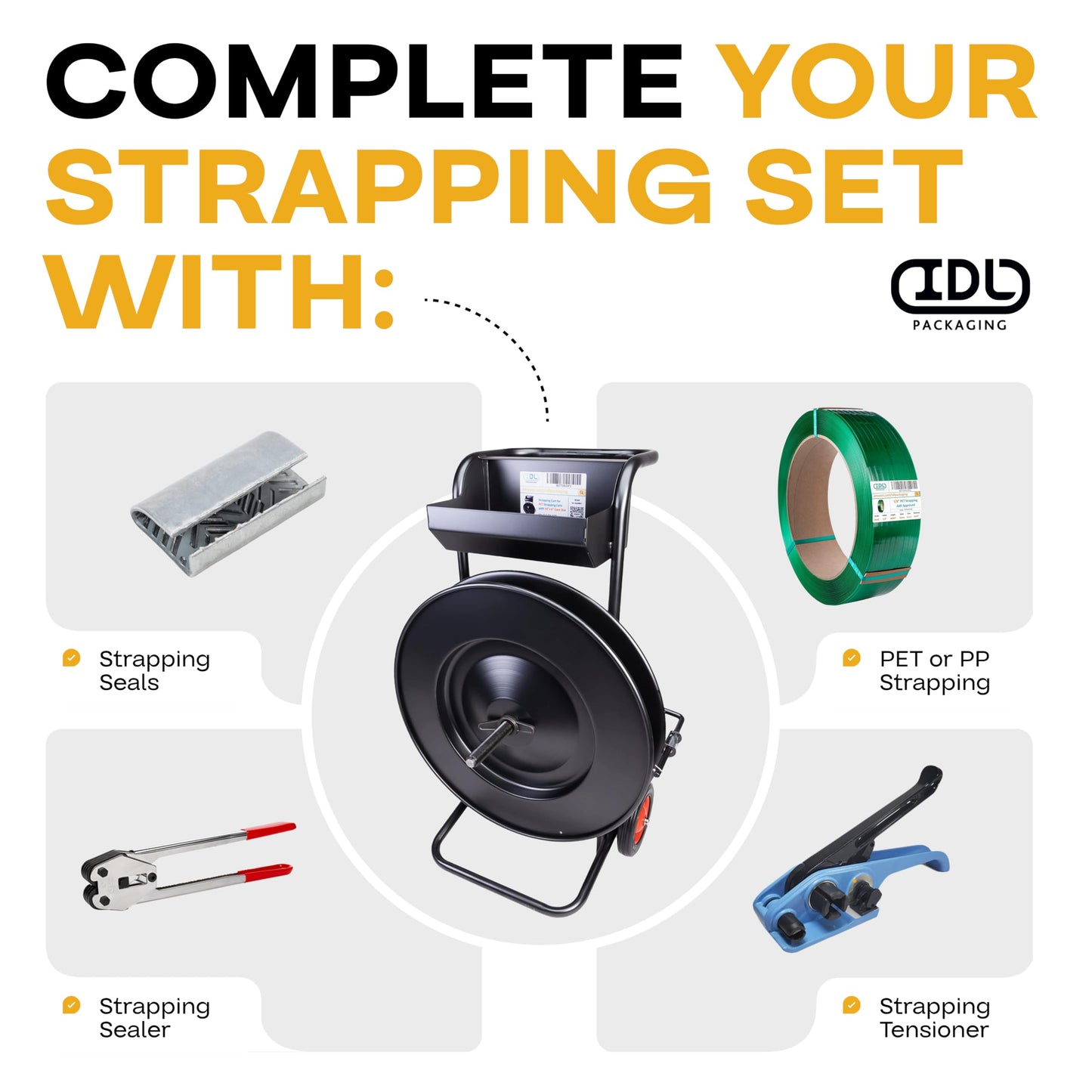 IDL Packaging CA-543 Heavy Duty Strapping Cart/Dispenser for Polyester (PET) Strapping Coils with 16" x 6" or 16" x 3" Core Size — Improved Brake System — Built-in Tray for Tools and Seals