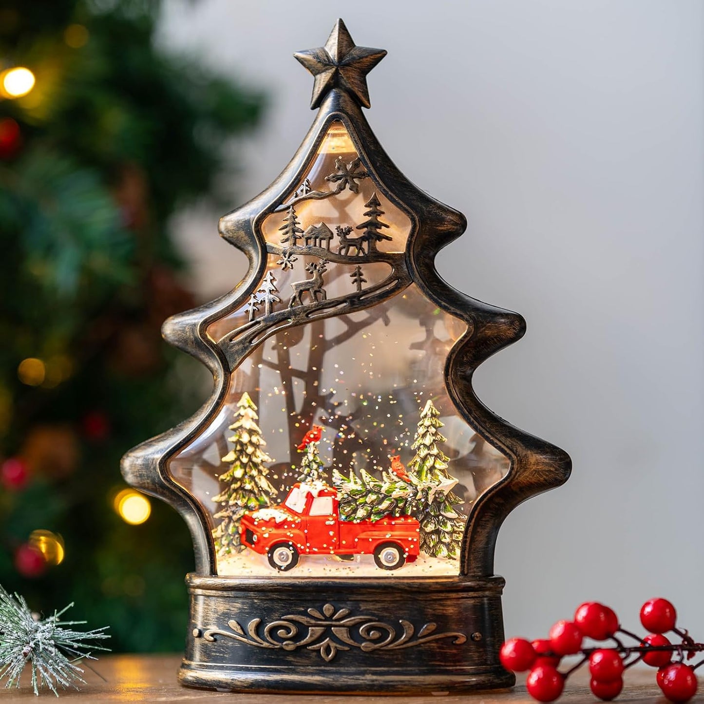 Regine Switzerland Snow Globe Lantern - Musical Lighted Christmas Tree with Red Truck - 11.5 Inch Holiday Decor