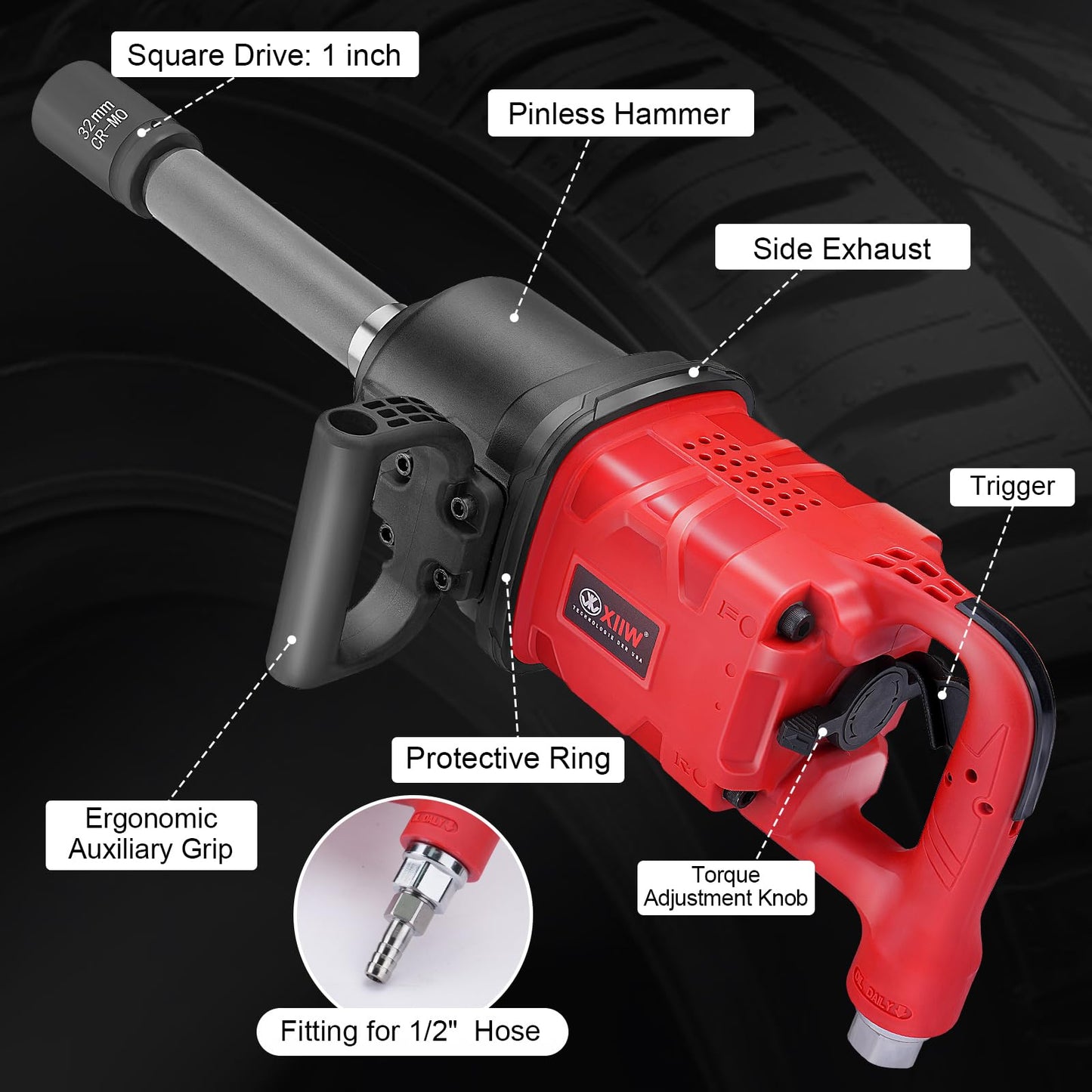 XIIW 1 Inch Air Impact Wrench, Up to 4000 ft-lbs High Reverse Torque, 27.6lbs Lightweight 1‘’ Pneumatic Impact Gun w/ 9 Inch Extended Anvil and 2 D Handles 3800RPM for Heavy Duty Repairs
