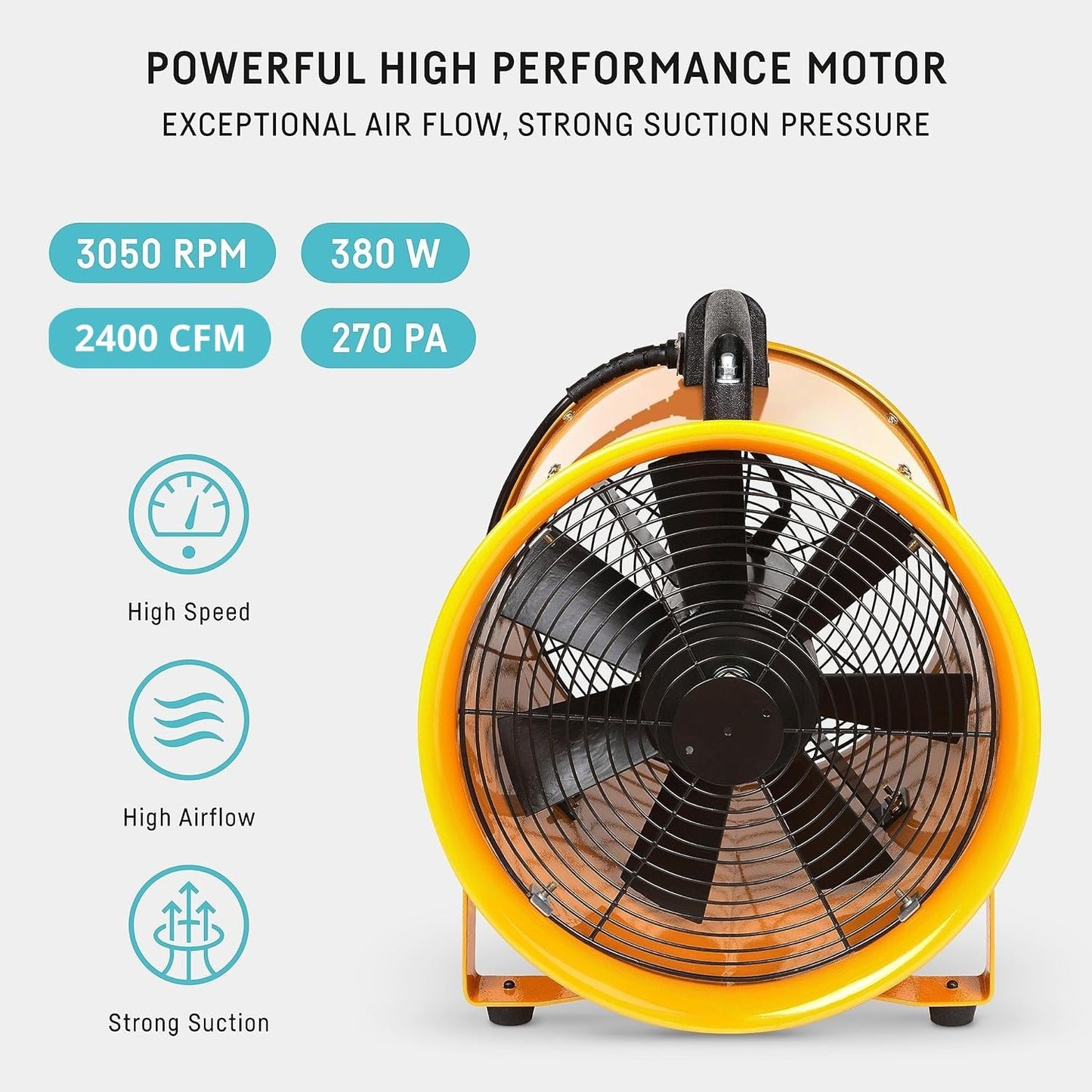 neverest® 12-Inch Industrial Blower Fan, High-Powered 2400 CFM Portable Blower/Exhaust Fan with 32ft Flexible Hose, 7ft Cable/Plug, Heavy-Duty Exhaust Fan for Construction, Workshops