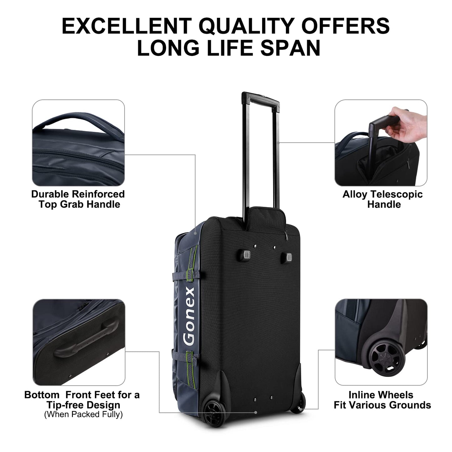 Gonex Rolling Duffle Bag with Wheels, 70L Water Repellent Wheeled Travel Duffel Luggage with Rollers 25 inch, Navy