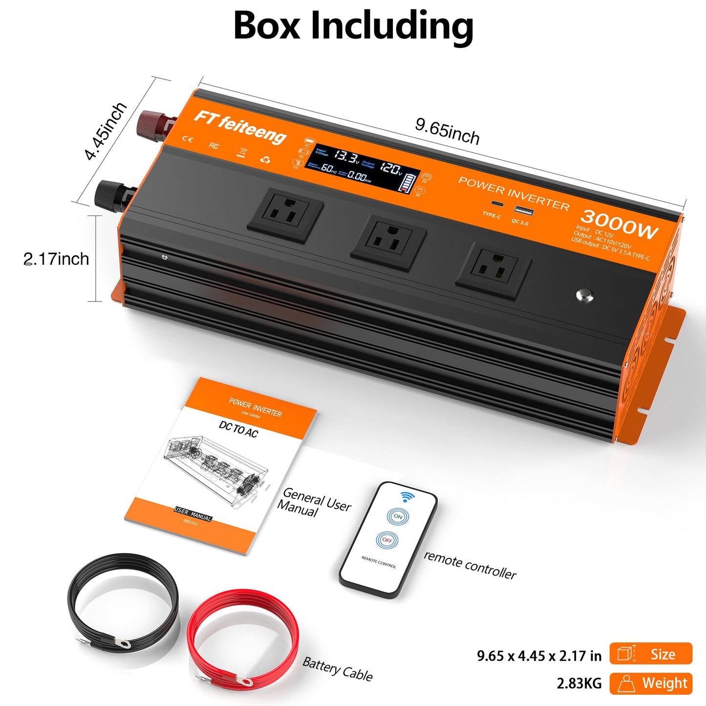 3000W Power Inverter, 12v DC to 120v Ac Inverter, Power Inverters for Vehicles with LCD Display, 3AC Sockets and USB-C & QC 3.0 Port with Remote Control for Camping Home Truck Rv Solar System