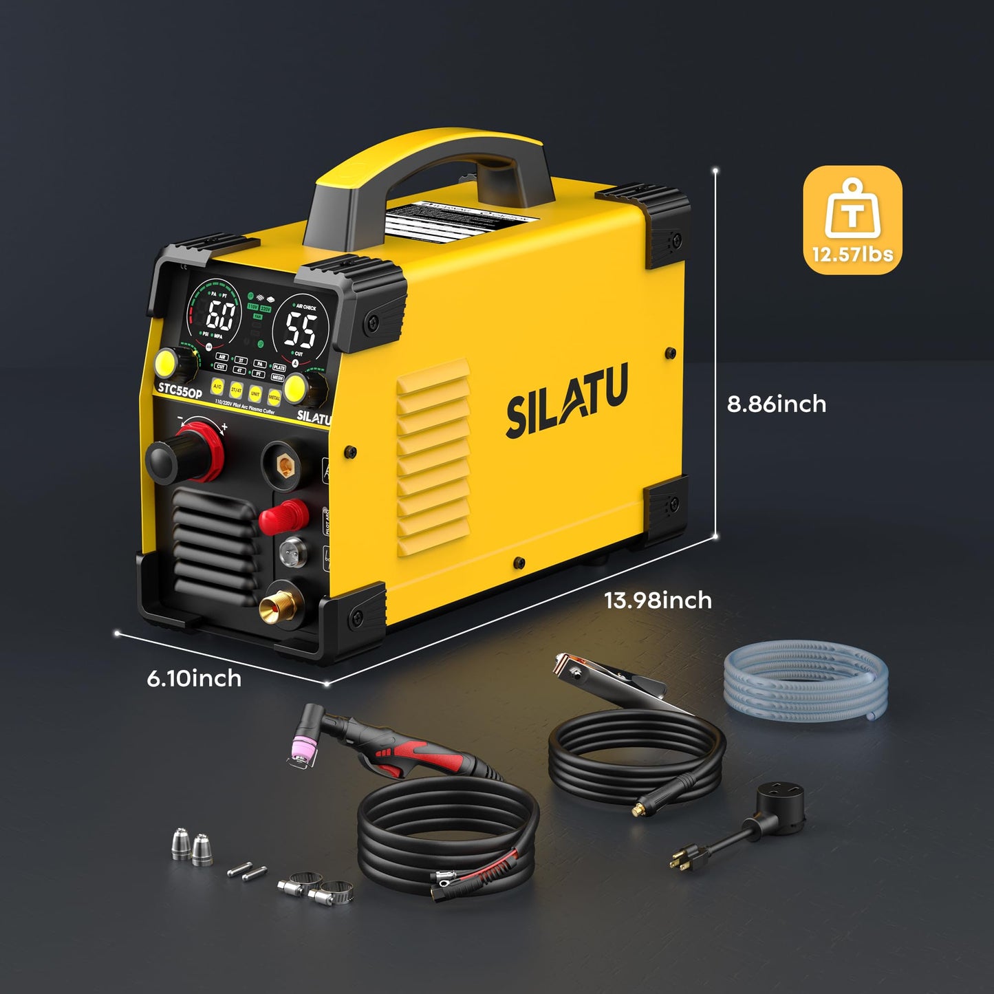 SILATU 55Amps Plasma Cutter, STC550P HF Non-Touch Pilot Arc Plasma Cutter Machine, 110/220V Dual Voltage LED Display Air Sensor Technology, 1/2'' Clean Cut 2/3'' Max Cut, PT/2T/4T for Beginners DIY