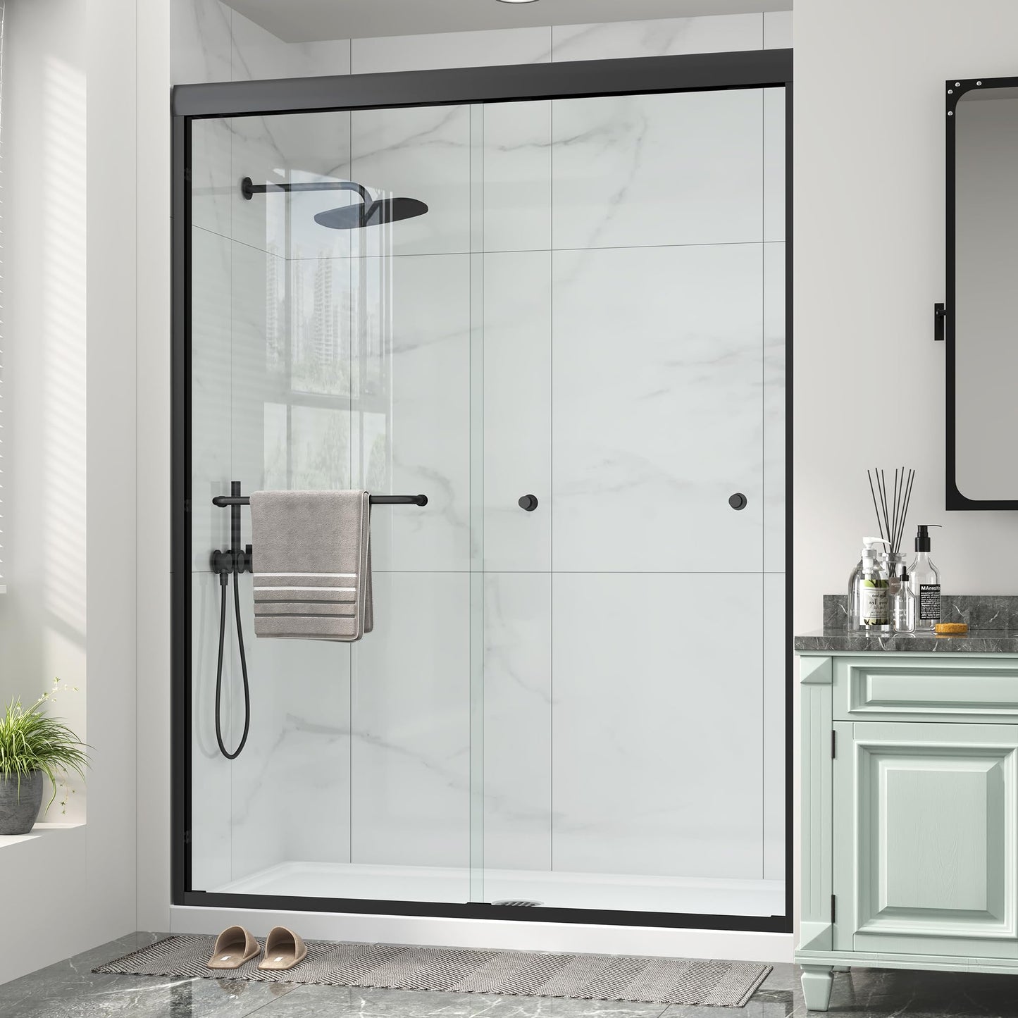 Double Sliding Shower Door 49-54" W x 72" H with Nano Anti-Explosion Safety Film, 1/4" (6mm) Tempered Glass Semi-Frameless Bypass Bathroom Shower Glass Doors,Matte Black